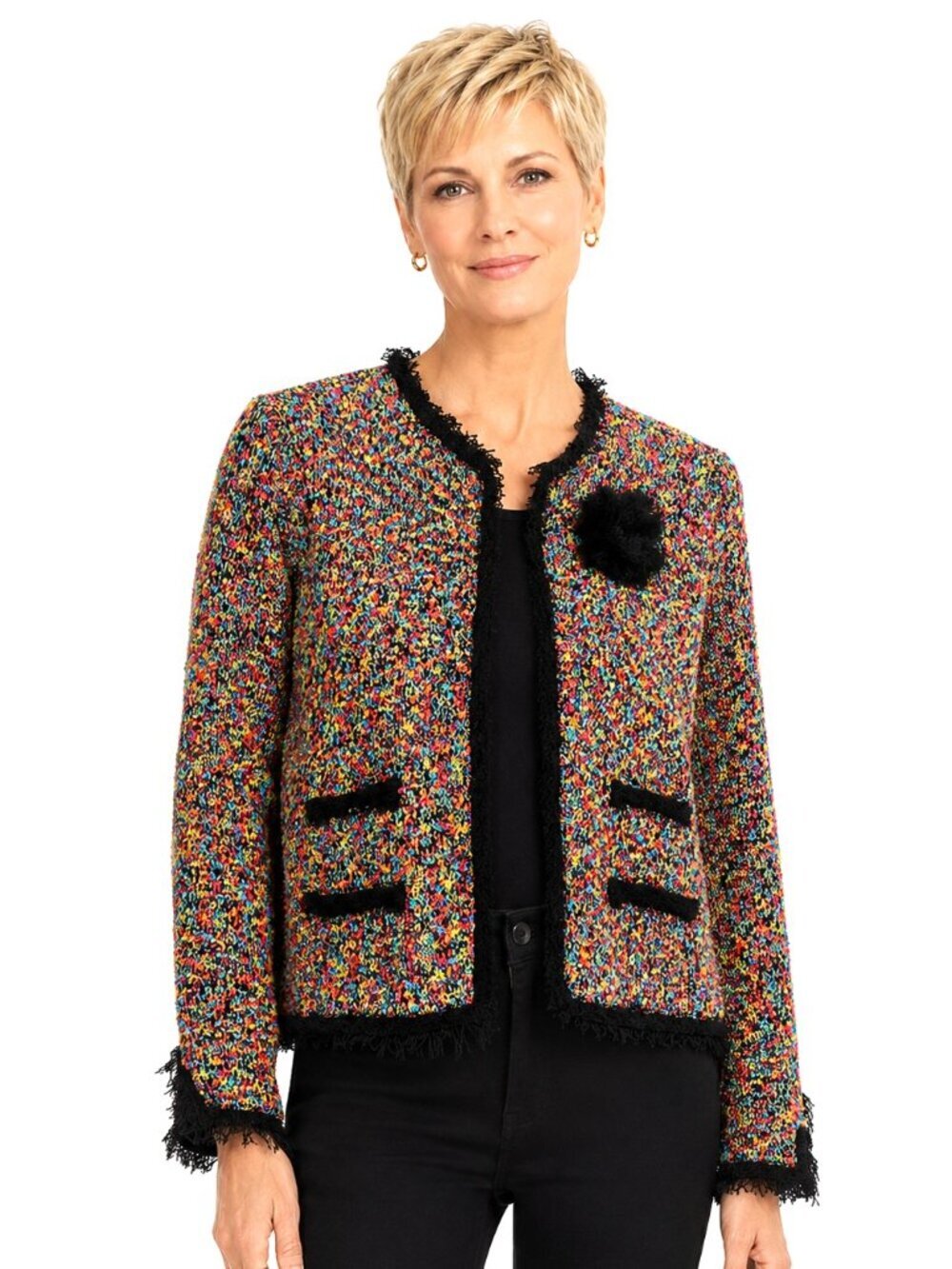 Christina Rotelli Multicolor Woven Knit Fringed Cardigan Sweater